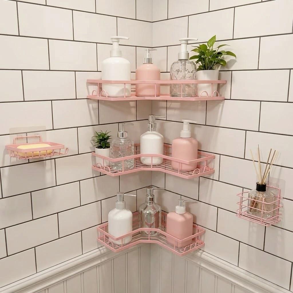 Home Essentials Bathroom Organizer - 5-delige minimalistische roze douche-organizer set, boorvrije