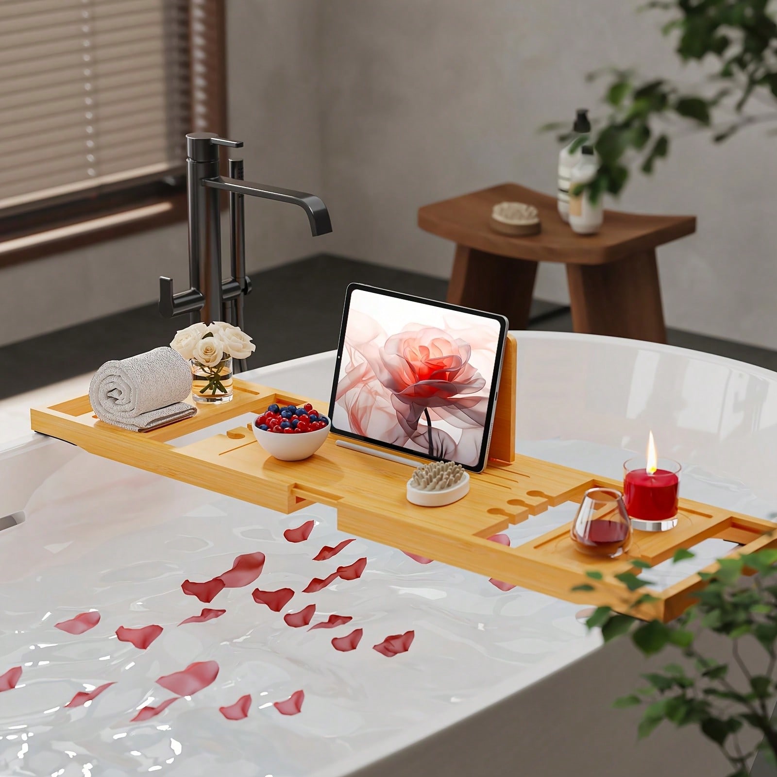 Home Essentials Bathroom Organizer - Bamboe badkuipbakje, uittrekbare organizer voor tablet,