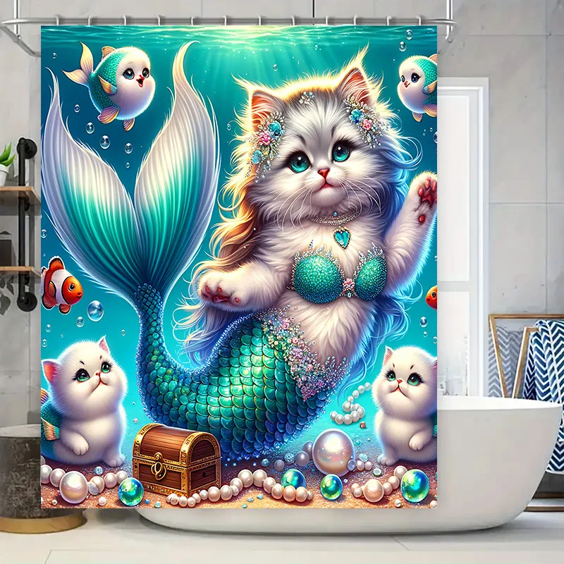 Home Bathroom Ideas - Douchegordijn Zeemeermin Kat Vissenstaart Decoratie Waterdicht