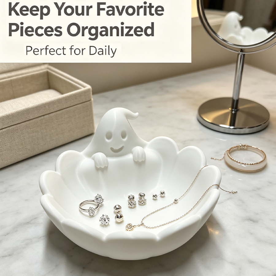 Home Essentials Bathroom Organizer - Matwitte 3D schattige spookvormige sieradenschaal met