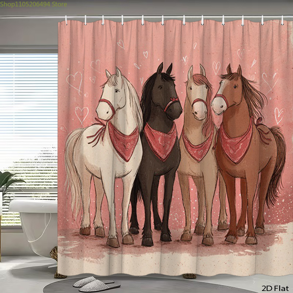 Home Bathroom Ideas - Schattig paarden douchegordijn, cartoon dierenontwerp, waterdichte